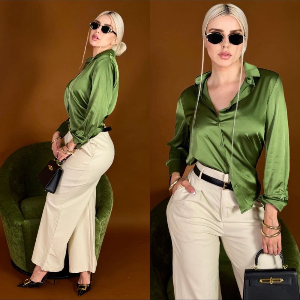 Source Unknown Green Satin Blouse.